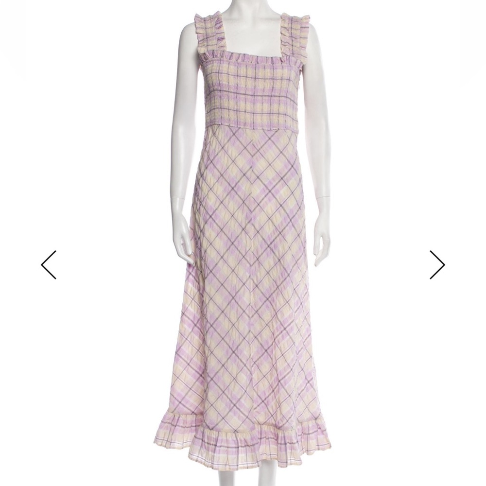 GANNI Purple Yellow Gingham Plaid Maxi Dress Orchid Bloom Seersucker Medium M 38